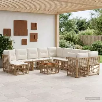 vidaXL Outdoor-Sofagarnitur 12-tlg. Polyester, natur und cremewei&szlig; (3437628)