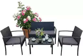 Relaxdays Gartenlounge-Set 4-teilig, Polyrattan, schwarz/grau