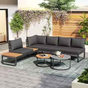 OKWISH Gartenlounge-Set 4-5 Personen, Metall, grau, 2 Couchtische, verstellbare F&uuml;&szlig;e