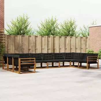 vidaXL Outdoor-Sofagarnitur mit Kissen, 10-tlg., natur und schwarz (3369879)