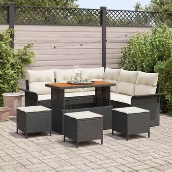 vidaXL Gartensofa-Set 9-tlg., h&ouml;henverstellbar, schwarz, Poly-Rattan (3362140)