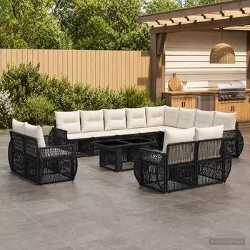 vidaXL Gartensofa-Set 13-tlg. Poly-Rattan, schwarz/cremewei&szlig; (3437026)