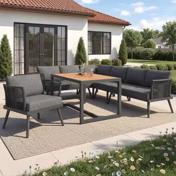 REDOM Gartenlounge-Set L-Form, 7 Personen, 237x65x79cm, Eisen, grau (mit WPC-Couchtisch)