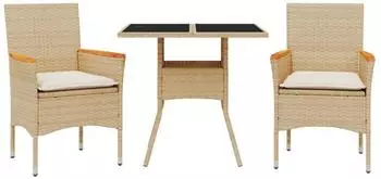 vidaXL 3-tlg. Garten-Essgruppe mit Kissen, Poly Rattan und Glas, beige (3278707)