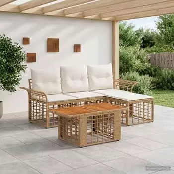 vidaXL Gartenlounge-Set 5-tlg. Poly-Rattan natur/cremewei&szlig; (3437972)