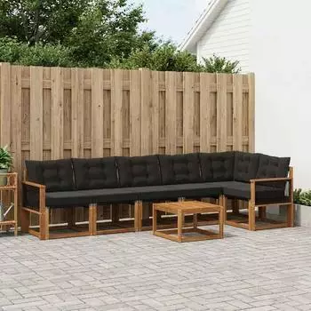 vidaXL Outdoor-Sofagarnitur mit Kissen, 7-tlg., natur/schwarz (3382000)