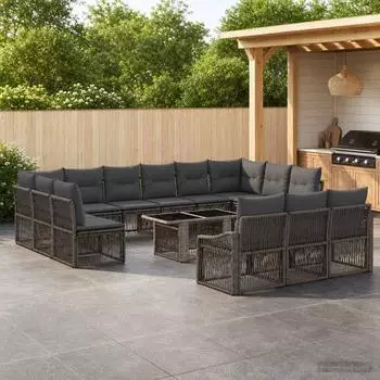 vidaXL Gartenlounge-Set 14-tlg. Poly-Rattan, grau/dunkelgrau (3437321)