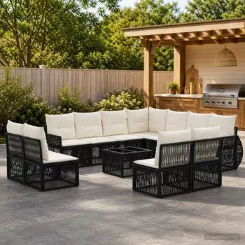 vidaXL Gartenlounge-Set 12-tlg. schwarz/cremewei&szlig; Poly-Rattan (3435454)