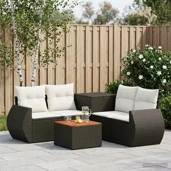vidaXL Sofa-Set 6-tlg. Polyrattan und Stahl, schwarz und cremewei&szlig; (3447506)