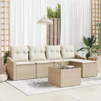 vidaXL Garten-Loungeset 6-teilig, beige, Poly Rattan