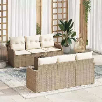 vidaXL Garten-Sofagarnitur 7-teilig, Poly-Rattan, beige (3345591)
