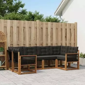 vidaXL Outdoor-Sofagarnitur mit Kissen, 6-tlg., natur/schwarz (3382176)