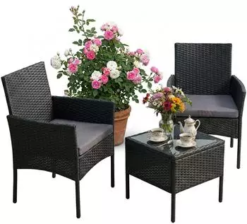 Relaxdays Gartenmöbel-Set 3-teilig, Rattan-Optik, schwarz (de)