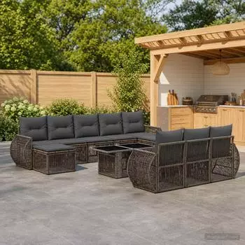 vidaXL Gartenlounge-Set 11-tlg. Poly-Rattan, grau/dunkelgrau (3437006)