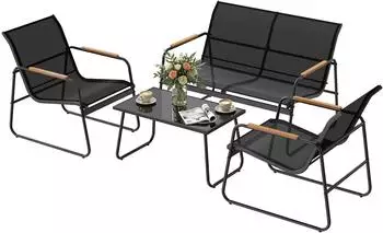 Woltu Gartenlounge-Set 4-teilig, 1 Tisch, 1 Zweisitzer-Sofa, 2 Sessel, schwarz (W0UETT0989)
