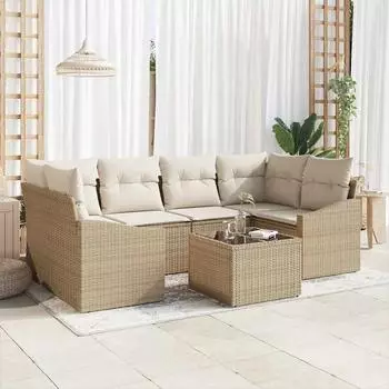 vidaXL Garten-Lounge-Set 7-tlg. Poly-Rattan, beige und creme (3355290)