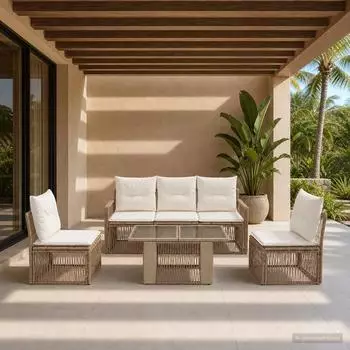 vidaXL Gartenlounge-Set 6-teilig, Poly-Rattan, beige/cremewei&szlig; (3437076)