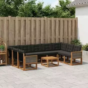 vidaXL Outdoor-Sofagarnitur mit Kissen, 10-tlg., natur und schwarz (3382220)