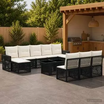 vidaXL Gartenlounge-Set 11-tlg. Poly-Rattan, schwarz/cremewei&szlig; (3436846)