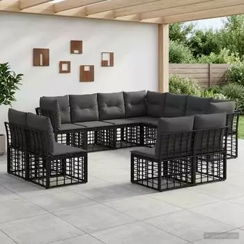 vidaXL Outdoor-Sofagarnitur mit Kissen, 11-tlg., schwarz, Polyester