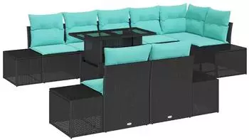 vidaXL Gartensofa-Set 9-teilig, 8-Sitzer, Poly-Rattan, schwarz/blau (3349212)