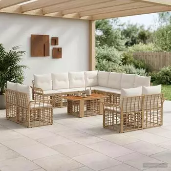 vidaXL Gartenlounge-Set 12-tlg. Poly-Rattan natur/cremewei&szlig; (3438032)