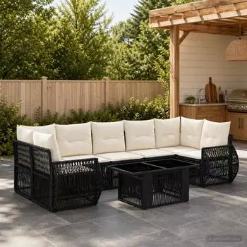 vidaXL Gartenlounge-Set 8-tlg. Poly-Rattan schwarz/cremewei&szlig; (3436909)