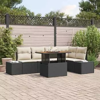 vidaXL Gartenlounge-Set 6-tlg. Poly-Rattan schwarz/creme (3349963)