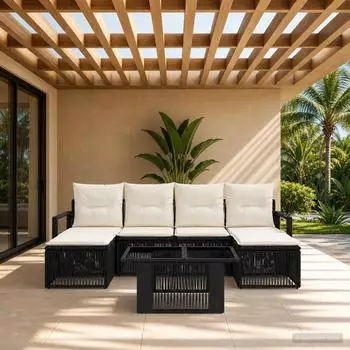 vidaXL Gartenlounge-Set 7-tlg. Poly-Rattan schwarz/cremewei&szlig; (3437134)