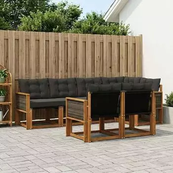 vidaXL Outdoor-Sofagarnitur mit Kissen, 7-tlg., natur und schwarz (3382012)