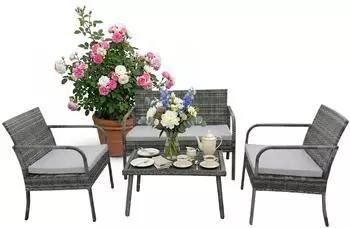 Relaxdays Gartenlounge-Set Polyrattan 4-teilig, grau-creme