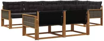 vidaXL Outdoor-Sofagarnitur mit Kissen, 7-tlg., natur und schwarz (3381484)