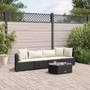 vidaXL Garten-Sofagarnitur 5-tlg. mit Kissen, schwarz, Poly-Rattan (3308368)