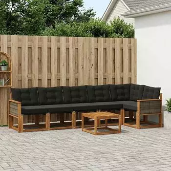 vidaXL Outdoor-Sofagarnitur mit Kissen, 7-tlg., natur und schwarz (3381996)