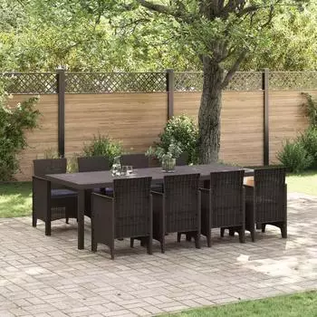 vidaXL Garten-Essgruppe 9-tlg. mit Kissen, braun, Polyrattan (3378740)