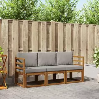 vidaXL Outdoor-Sofagarnitur mit Kissen, 3-tlg., natur und hellgrau (3365924)