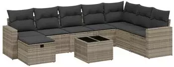vidaXL Garten-Sofagarnitur 9-tlg. mit Kissen, hellgrau, Poly Rattan (3263598)
