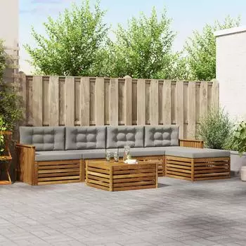 vidaXL Outdoor-Sofagarnitur 6-tlg. mit Kissen, natur und hellgrau (3373336)