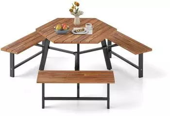 Costway Picknicktisch-Set f&uuml;r 6 Personen, Akazienholz, mit Schirmloch & 3 B&auml;nken (TI96276)