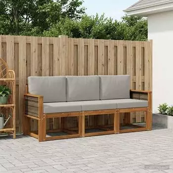 vidaXL Outdoor-Sofagarnitur 3-tlg. mit Kissen, natur und hellgrau (3384947)