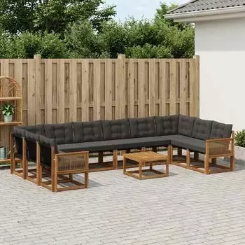 vidaXL Outdoor-Sofagarnitur mit Kissen, 11-tlg., natur und schwarz (3382260)