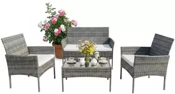 Relaxdays Gartenmöbel-Lounge-Set 4-teilig, Rattan, grau/creme