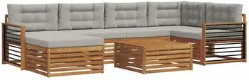 vidaXL Gartenlounge-Set mit Kissen, 7-tlg., natur und hellgrau (3373791)