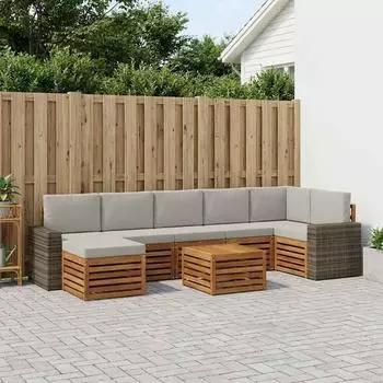 vidaXL Outdoor-Sofagarnitur mit Kissen, 8-tlg., natur und hellgrau (3384667)