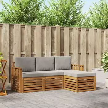 vidaXL Outdoor-Sofagarnitur 4-tlg., Akazie, natur/hellgrau (3374601)