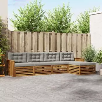 vidaXL Outdoor-Sofagarnitur mit Kissen, 5-tlg., natur und hellgrau (3373296)