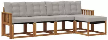 vidaXL Outdoor-Sofagarnitur 5-tlg. mit Kissen, natur und hellgrau (3368566)