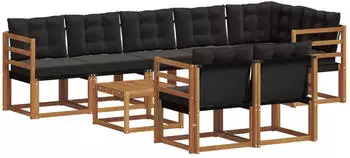 vidaXL Garten-Sofagarnitur mit Kissen 9-tlg., natur/schwarz (3368799)