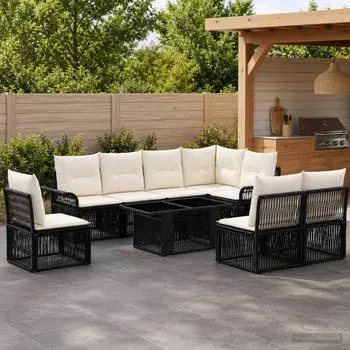 vidaXL Gartenlounge-Set 9-tlg. Poly-Rattan, schwarz/cremewei&szlig; (3436645)