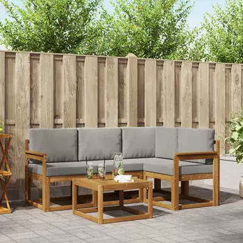 vidaXL Outdoor-Sofagarnitur 5-tlg. mit Kissen, natur/hellgrau (3366349)